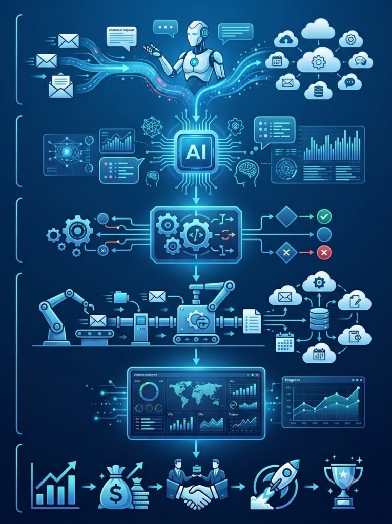 AI Workflow Automation process connecting trigger, AI analysis, decision engine and automated actions.