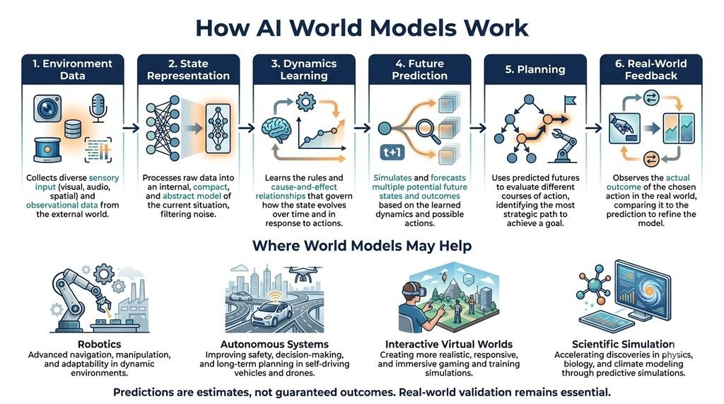 AI world models workflow showing environment data, state representation, future prediction, planning and feedback