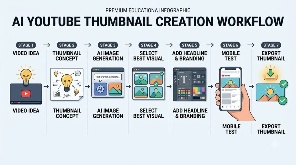 AI YouTube Thumbnail creation workflow from video idea to AI image, design, mobile testing and final export