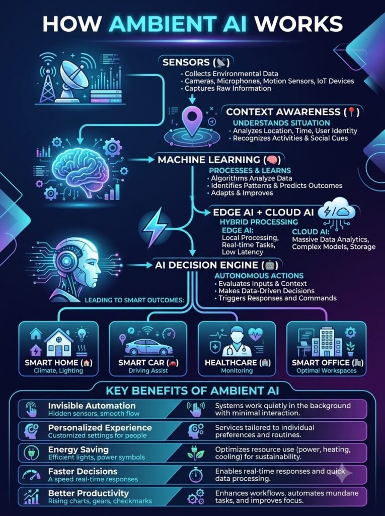 Ambient AI workflow showing sensors, context awareness, AI engine and automated actions.
