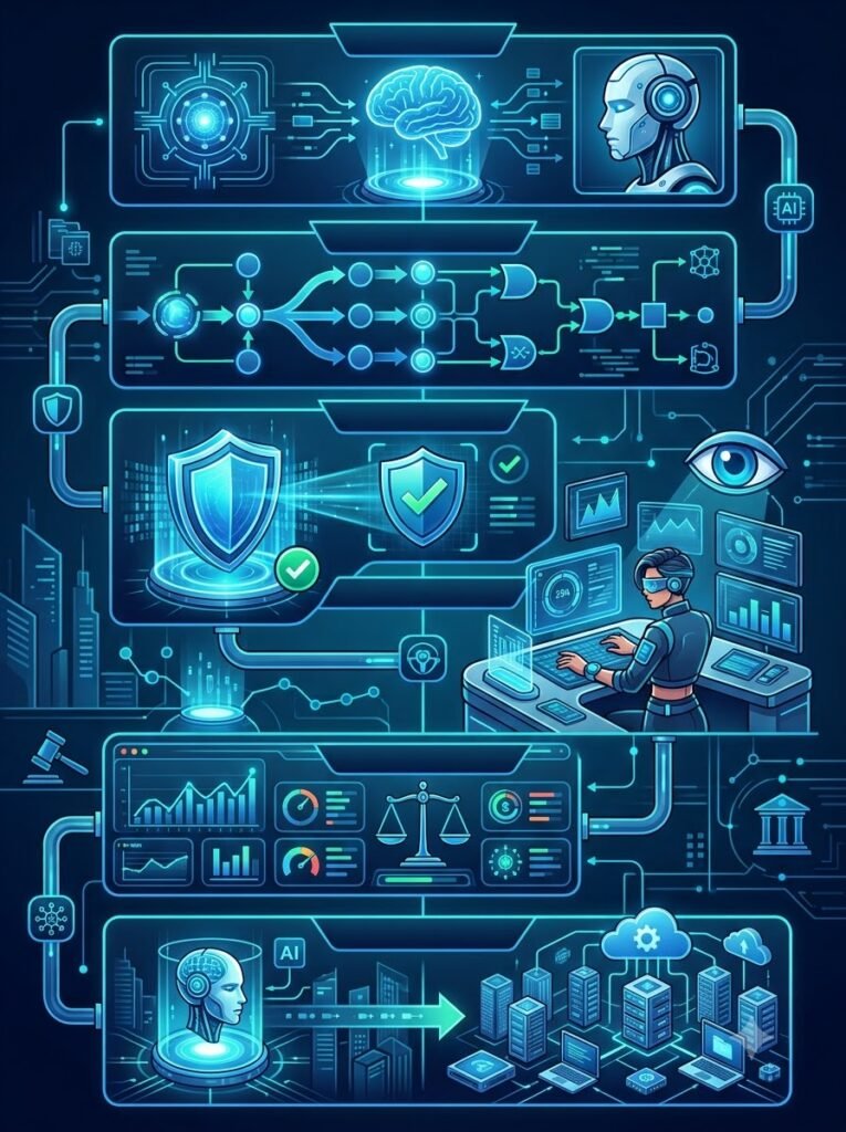 Autonomous AI agent security workflow explaining AI safety measures and cybersecurity protection.