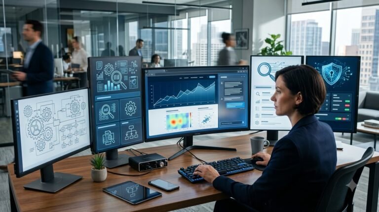 Hyper-realistic AI Browser interface showing intelligent browsing, AI assistant features, and productivity tools in a modern workspace.