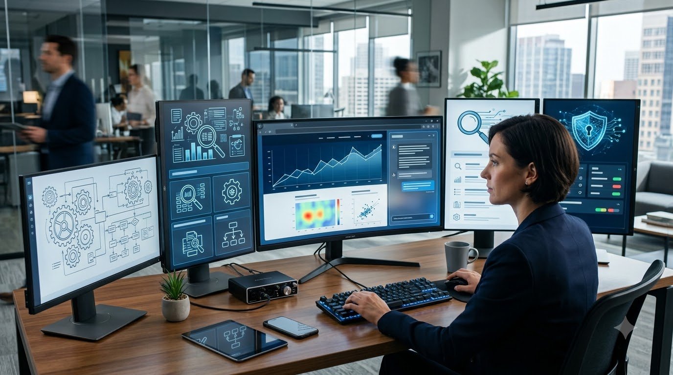 Hyper-realistic AI Browser interface showing intelligent browsing, AI assistant features, and productivity tools in a modern workspace.