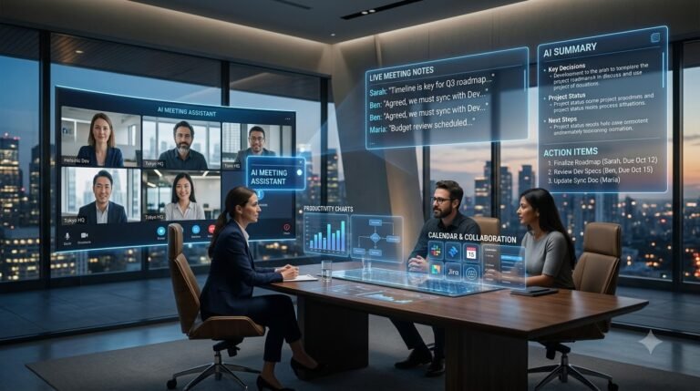 Best AI Meeting Assistant comparison dashboard showing automated meeting notes, AI summaries, and action items.