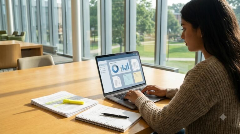 Student using AI research tools to find academic papers and organize research notes