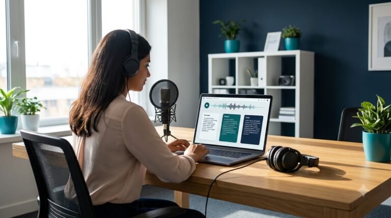AI transcription tools converting Kannada and English speech into text on a laptop
