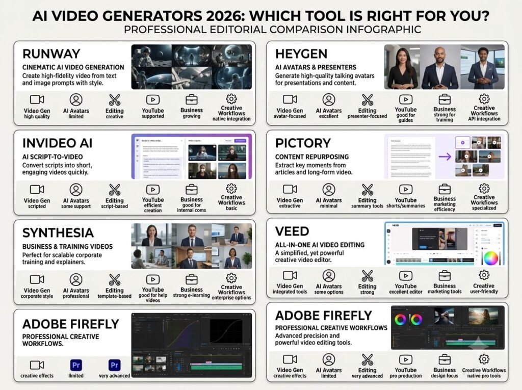 Best AI Video Generator comparison for 2026 showing Runway HeyGen InVideo AI Pictory Synthesia VEED and Adobe Firefly