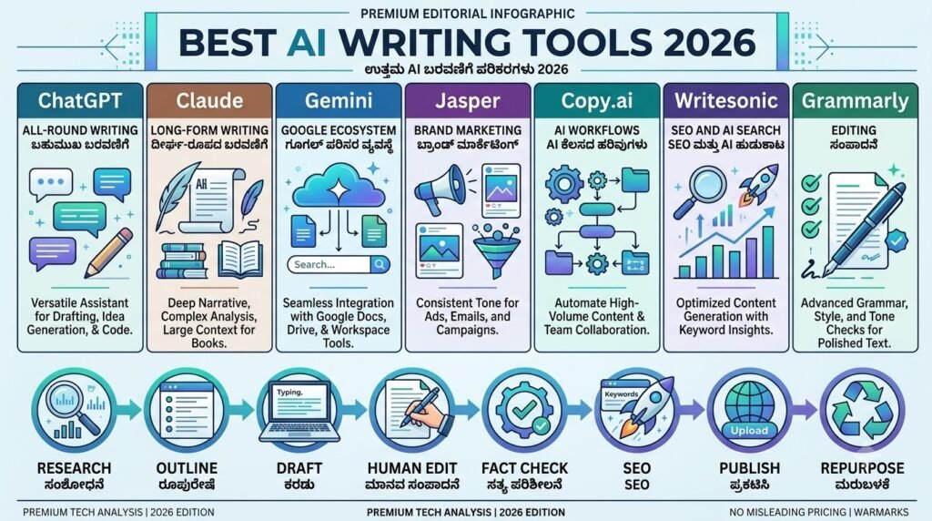 Best AI Writing Tools 2026 comparison showing ChatGPT Claude Gemini Jasper Copy.ai Writesonic and Grammarly
