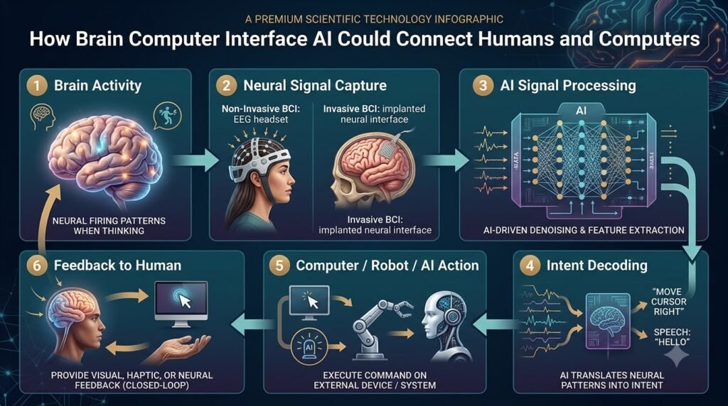Brain Computer Interface AI workflow from brain signals to computer and AI actions