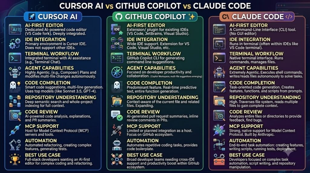 Cursor AI GitHub Copilot and Claude Code comparison for AI coding workflows