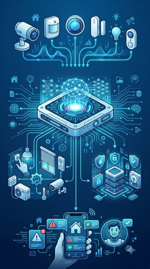 Edge AI smart home security devices using local artificial intelligence.