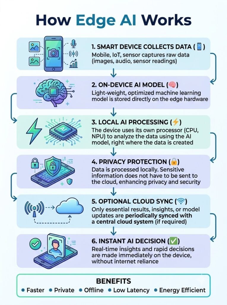 Edge AI workflow infographic showing local data processing, AI inference and real-time decisions without cloud dependency.