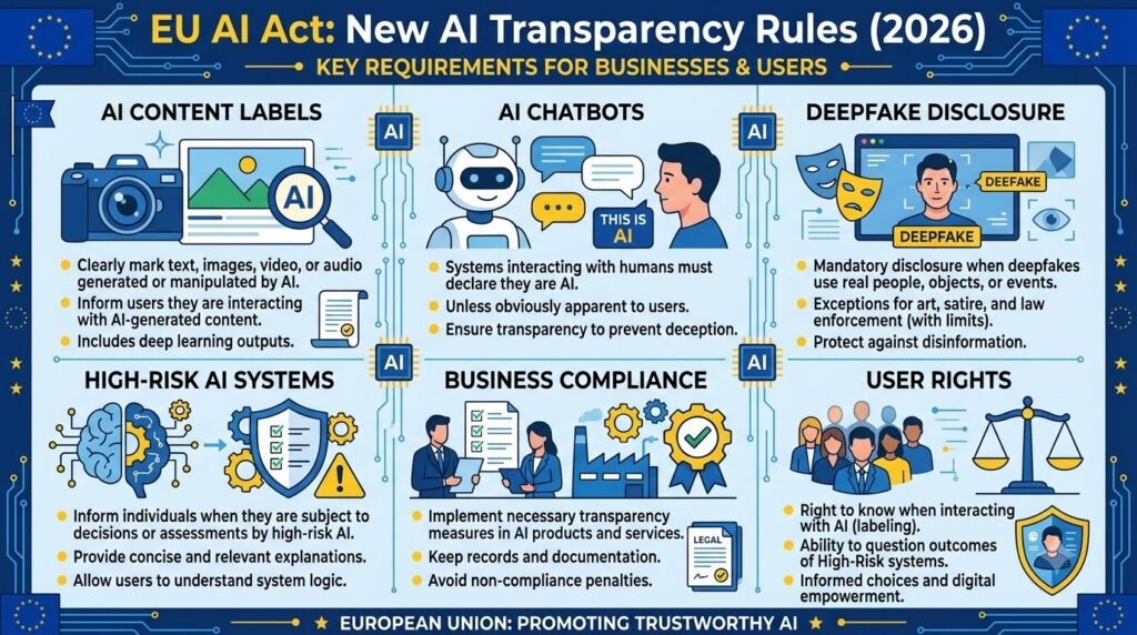 EU AI Act infographic explaining AI Transparency Rules, AI labeling requirements and compliance in 2026