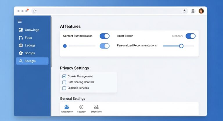 Browser user adjusting artificial intelligence feature controls and privacy settings