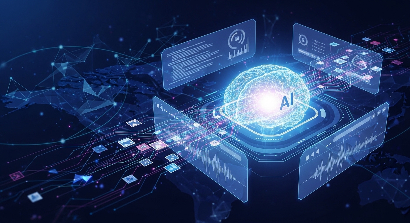 Google Gemini AI system text image audio combine ಮಾಡಿ multimodal processing ಮಾಡುವ illustration