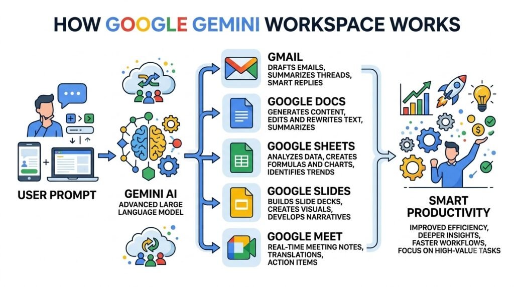 Google Gemini Workspace infographic showing Gemini AI integration with Gmail, Docs, Sheets, Slides and Google Meet