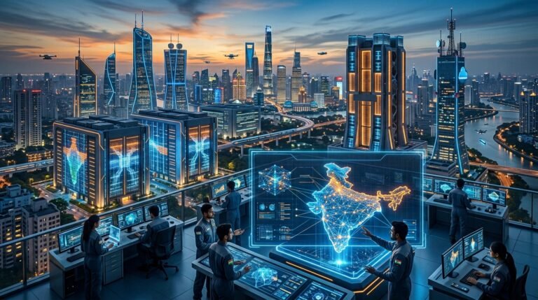 India AI Infrastructure 2026 featuring AI data centers, GPU clusters, and sovereign AI ecosystem.