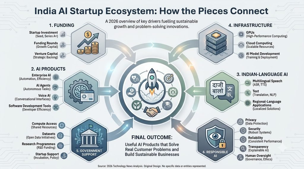 AI Startups India infographic showing funding, AI products, Indian-language technology, infrastructure and government support