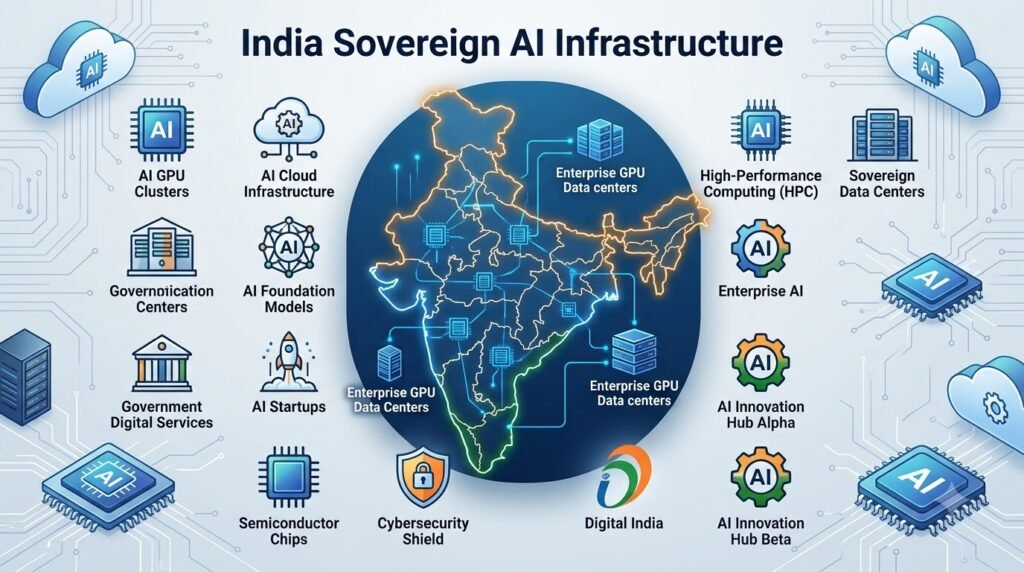 India Sovereign AI Infrastructure infographic showing enterprise GPU clusters and AI cloud ecosystem.