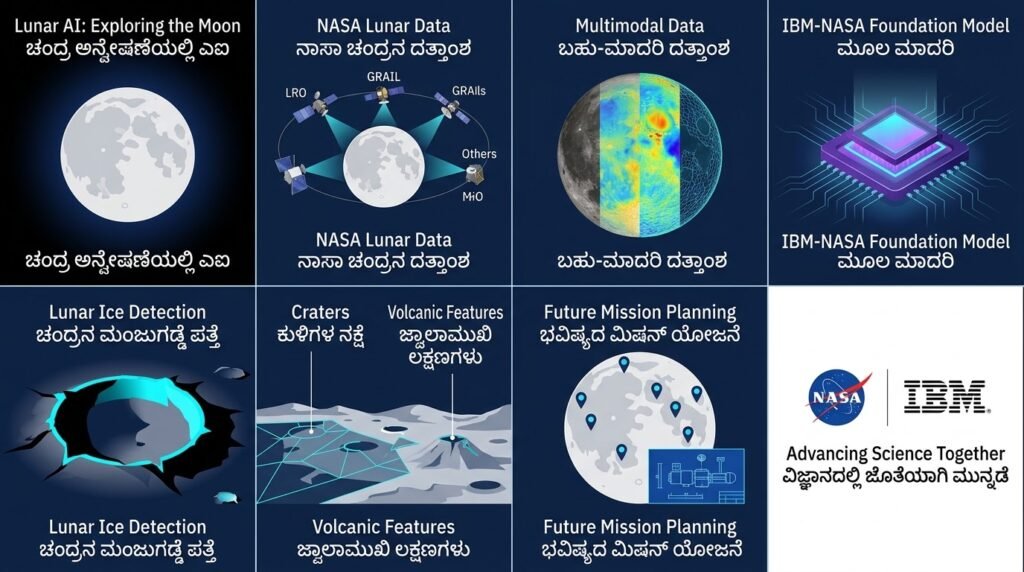 Lunar AI workflow showing NASA and IBM lunar data, AI analysis, ice, craters and volcanic features