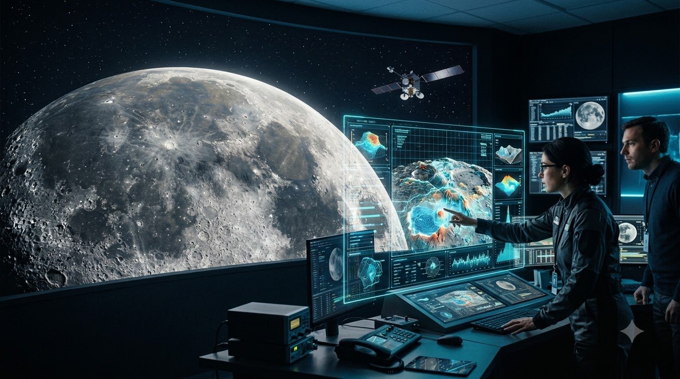 Lunar AI analyzing Moon surface data for NASA and IBM lunar exploration