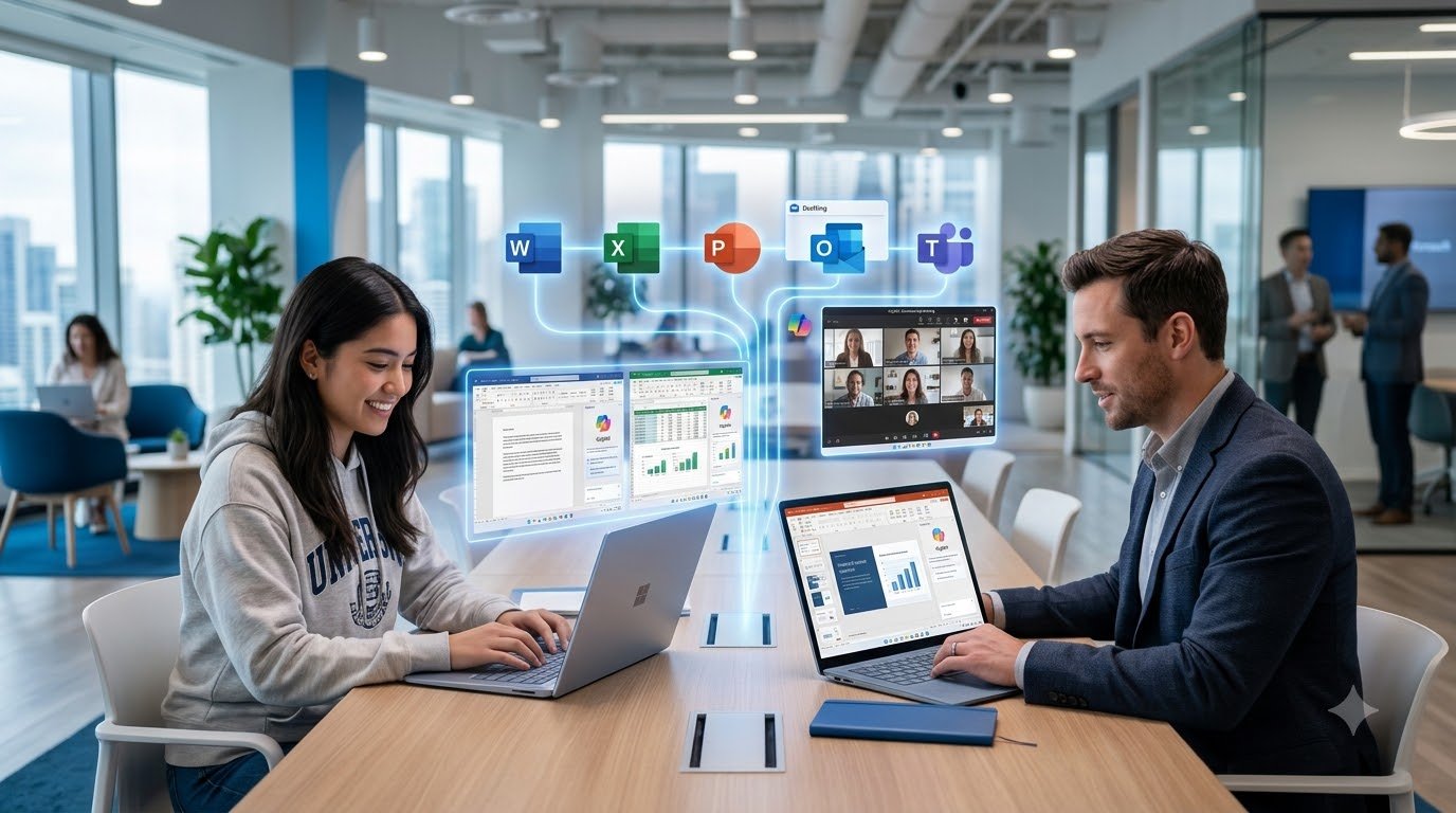 Microsoft Copilot AI assistant helping with productivity, documents, emails and business tasks