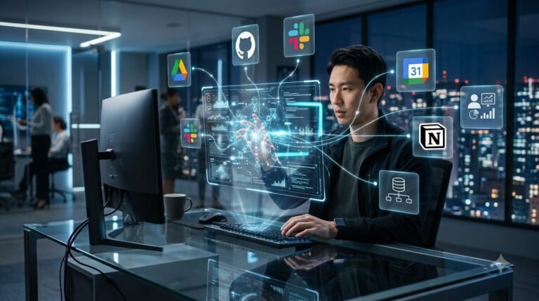 Hyper-realistic illustration of Model Context Protocol (MCP) connecting an AI assistant with multiple business applications in a futuristic enterprise workspace.