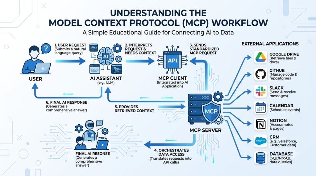 Educational infographic showing the Model Context Protocol (MCP) architecture and communication workflow between AI assistants, MCP servers, and external applications.