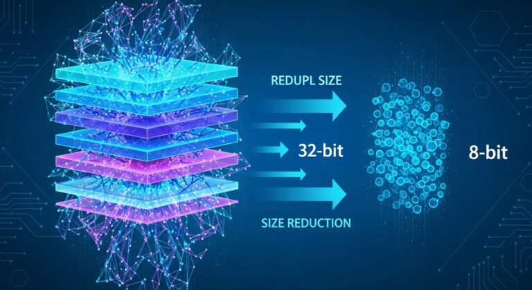 AI model size reduce ಮಾಡಿ efficient ಆಗುವ quantization process illustration