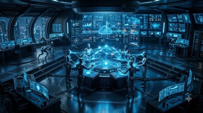 Multi-Agent AI Systems with autonomous AI agents collaborating across interconnected digital networks.
