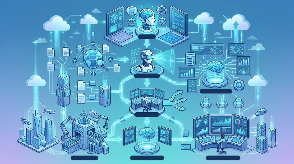 Enterprise AI Automation workflow showing multiple AI agents collaborating across business operations.