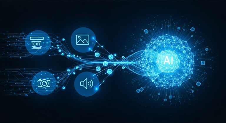 AI system text image audio inputs combine ಮಾಡಿ multimodal processing ಮಾಡುವ illustration