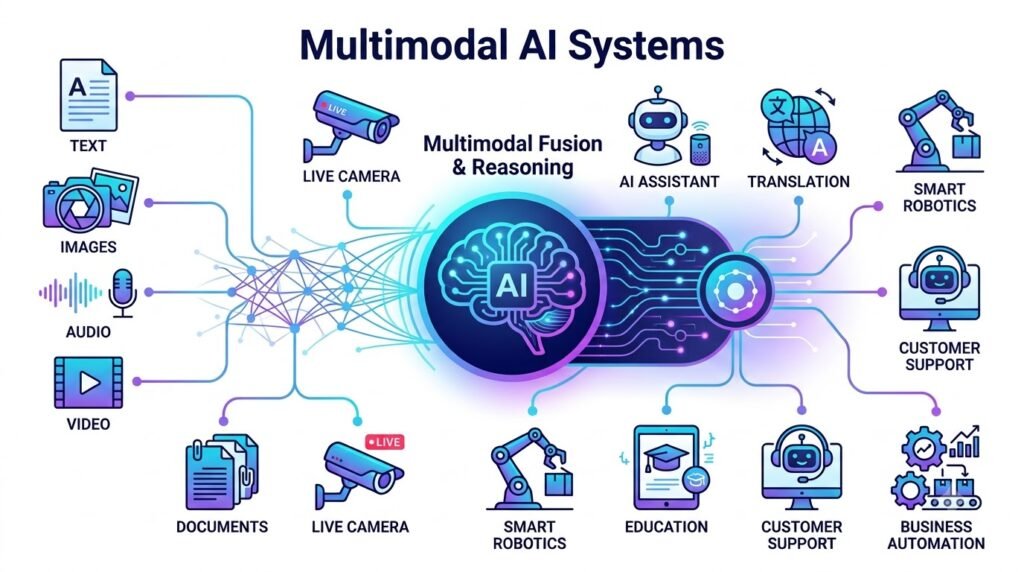 Multimodal AI Systems infographic showing text, image, audio, video, and AI reasoning workflow.