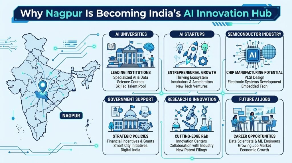 Nagpur AI ecosystem infographic showing AI education, startups, semiconductor industry and future innovation