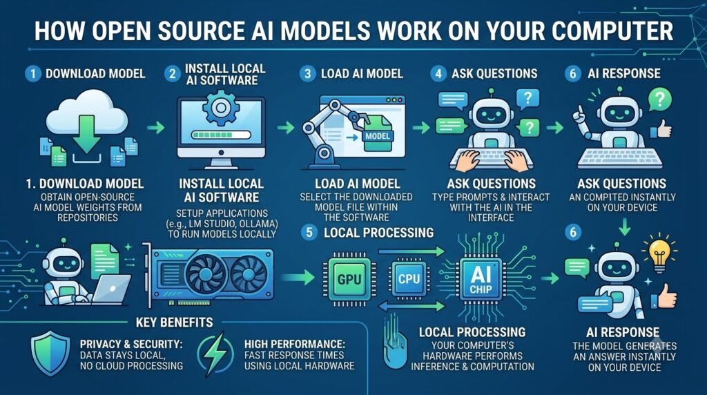 Open Source AI Models infographic showing Local AI installation, processing and offline AI workflow