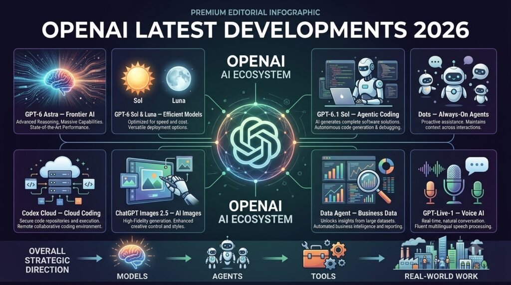 OpenAI Latest developments 2026 showing GPT-6 Astra GPT-6.1 Sol Dots Codex Images Data Agent and Voice AI