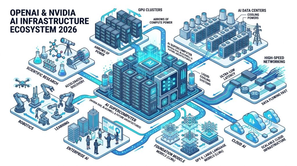 Infographic explaining the OpenAI and NVIDIA AI infrastructure ecosystem including GPU clusters, AI data centers, networking, cloud AI, and enterprise applications.
