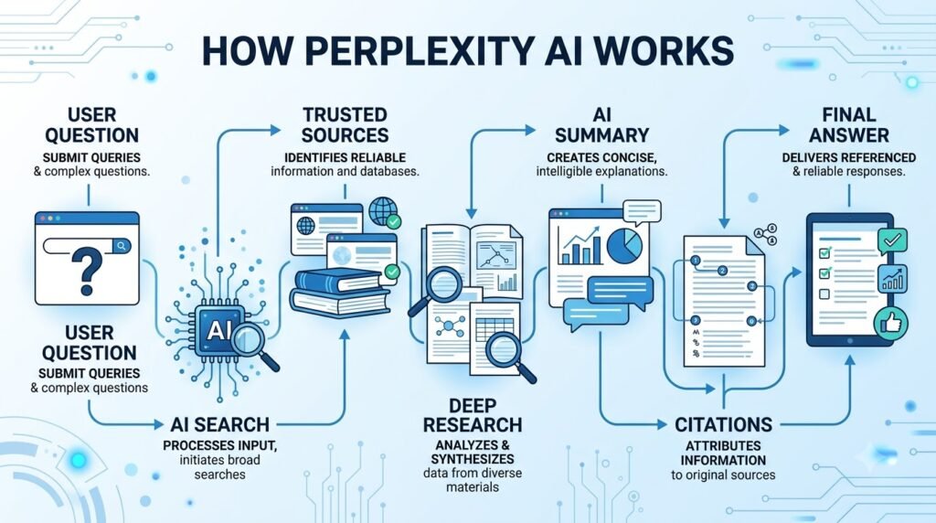 Perplexity AI workflow infographic showing AI search, Deep Research, trusted sources and productivity features