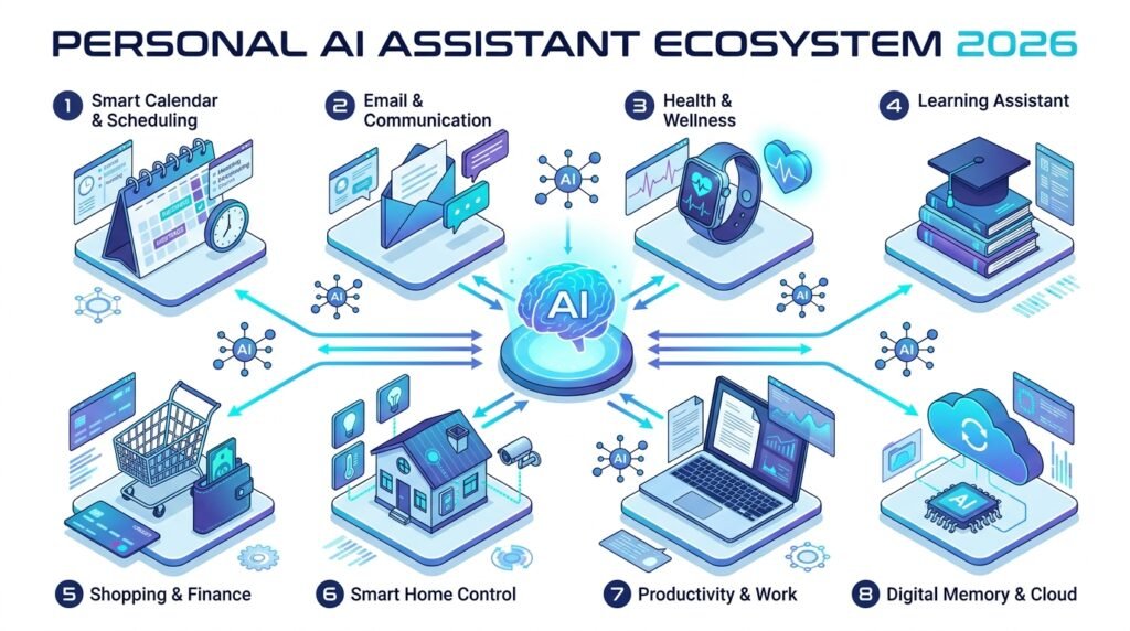 Infographic showing the Personal AI Assistant ecosystem connecting scheduling, learning, healthcare, productivity, shopping, smart homes, communication, and digital memory.