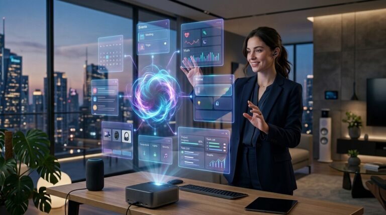 Personal AI Assistant Future 2026 helping a user manage daily tasks with an intelligent digital companion.