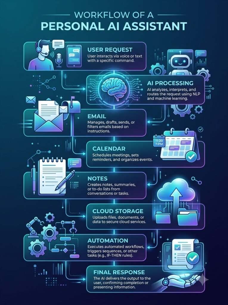 Workflow showing how a Personal AI Assistant connects with email, calendar, documents, and automation tools.
