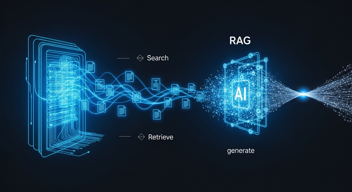 AI system database search ಮಾಡಿ documents retrieve ಮಾಡಿ answer generate ಮಾಡುವ RAG architecture illustration