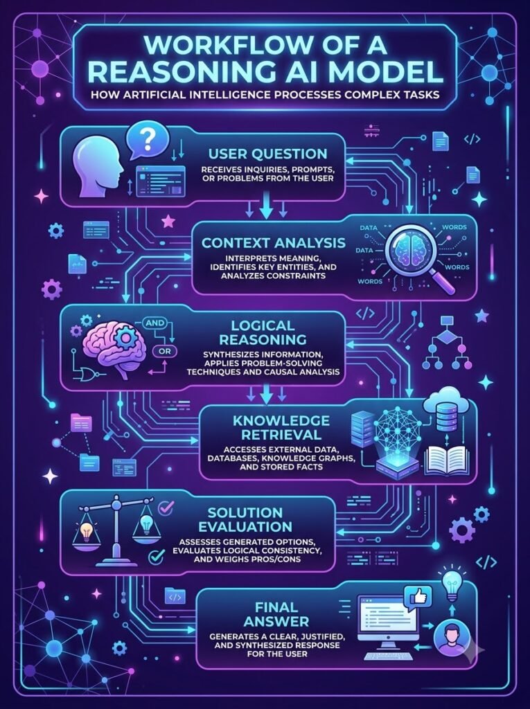 Flowchart showing how a Reasoning AI model analyzes a problem before generating an answer.