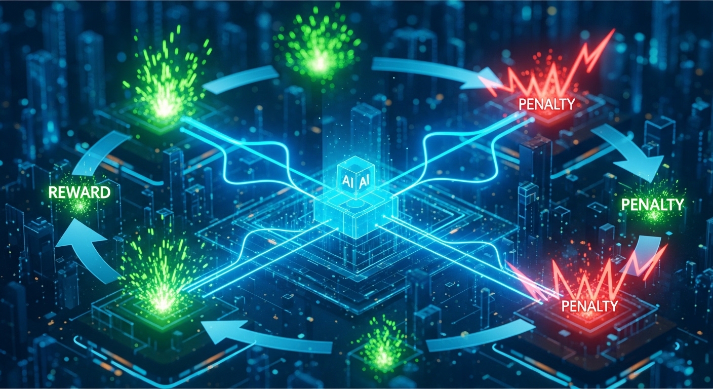 AI agent environment ನಲ್ಲಿ trial and error ಮೂಲಕ reward penalty ಮೂಲಕ learn ಮಾಡುವ reinforcement learning illustration