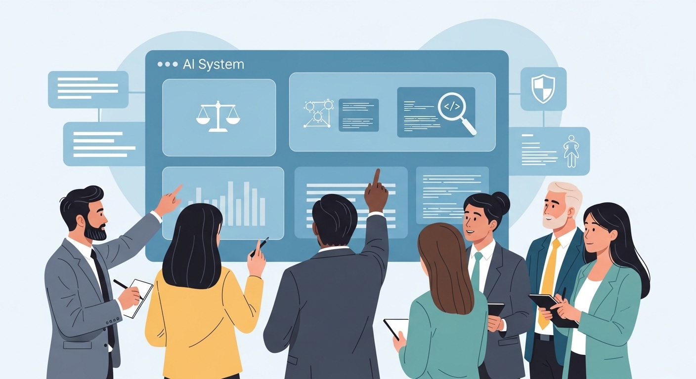 Responsible AI ethics dashboard showing fairness, bias detection and transparency reviewed by company teams