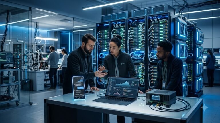 Hyper-realistic comparison of Small Language Models running on edge devices versus Large Language Models running on cloud servers.