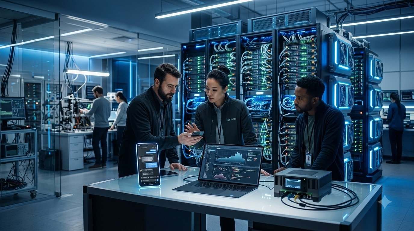 Hyper-realistic comparison of Small Language Models running on edge devices versus Large Language Models running on cloud servers.