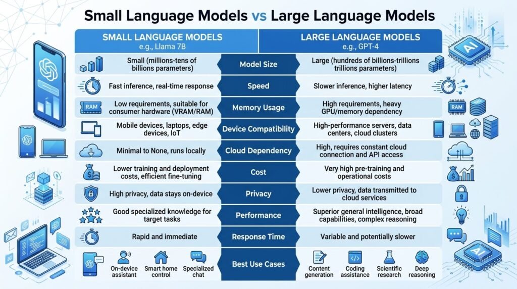 Comparison infographic showing the differences between Small Language Models and Large Language Models including speed, memory, privacy, and use cases.