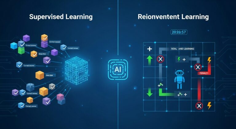 Supervised learning ಮತ್ತು reinforcement learning ನಡುವಿನ ವ್ಯತ್ಯಾಸವನ್ನು ತೋರಿಸುವ AI comparison illustration
