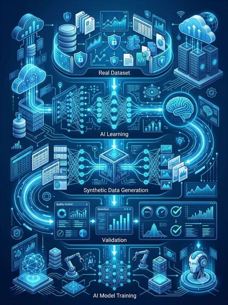 Synthetic Data workflow showing real data analysis, AI generation and machine learning training.